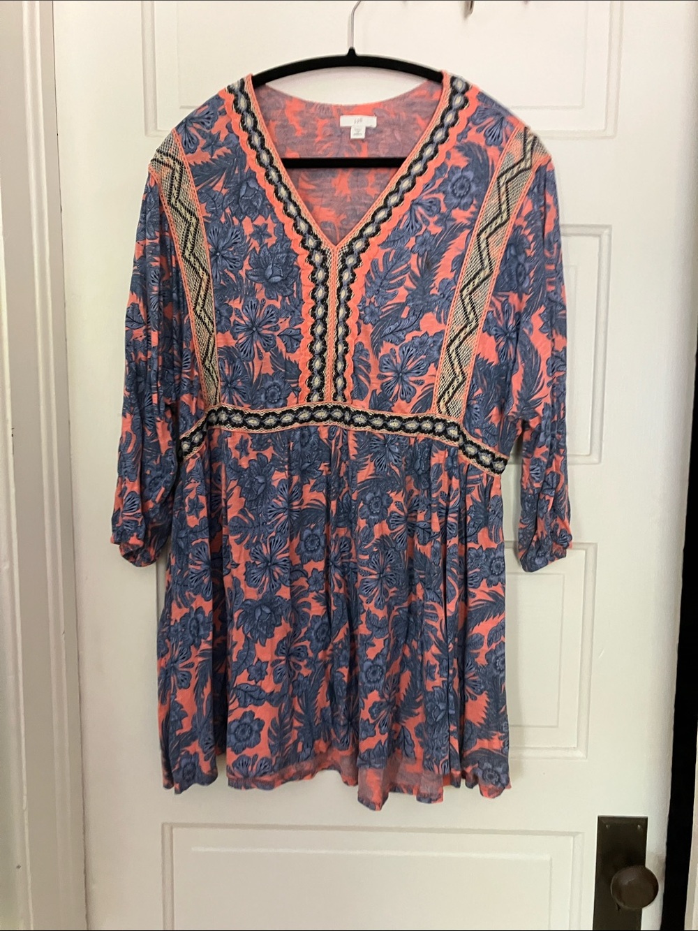 J. Jill Coral & Blue Floral V-Neck Tunic Dress